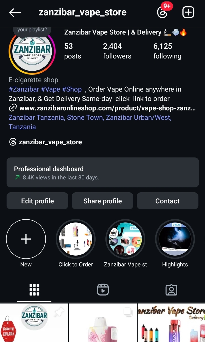 Instagram profile of Zanzibar Vape Store – authentic vapes, flavor drops & island-wide delivery updates